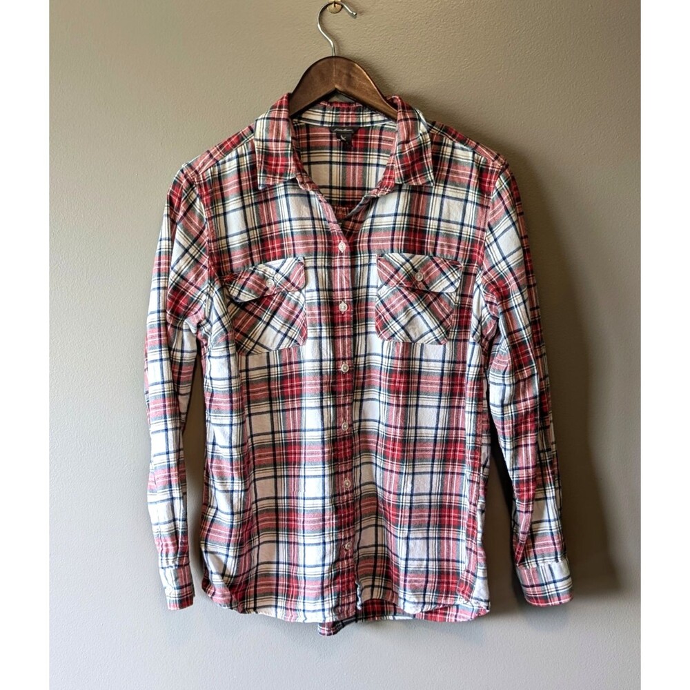 Eddie Bauer Womens L Plaid Flannel Shirt Red Blue Long Sleeve Button Up Top
